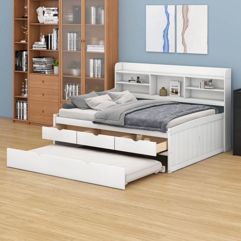 Wooden Captain Daybed With Trundle,3 Drawersand Built-In Bookshelves, Full, White