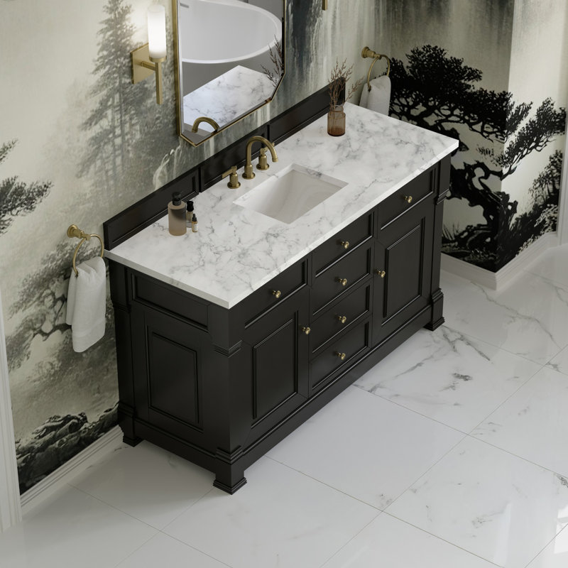 Brookfield Single Vanity, Carrara White, Widespread, Black Onyx