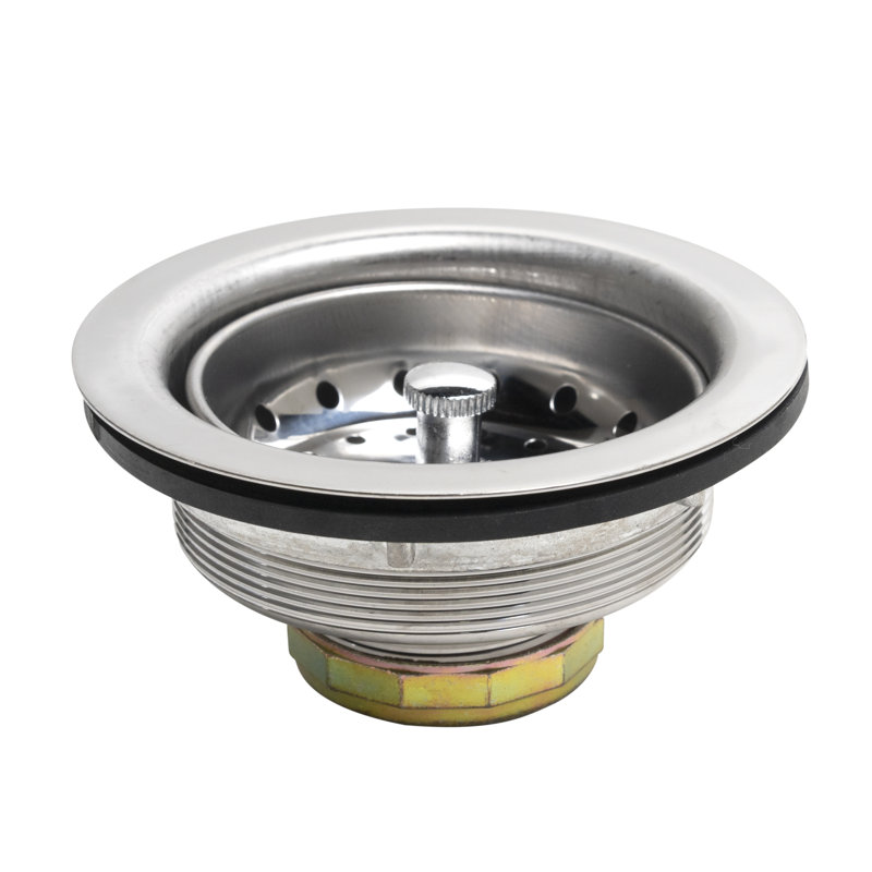 Standard Sink Basket Strainer, Stainless Steel Body and Basket. Rubber Stopper w/ Metal