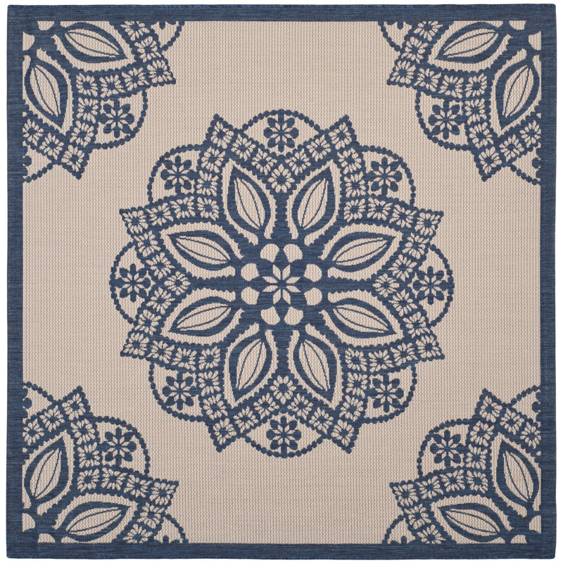 Tapis intérieur / extérieur beige / bleu marine Arneshia, Carré 6 pi 7 po