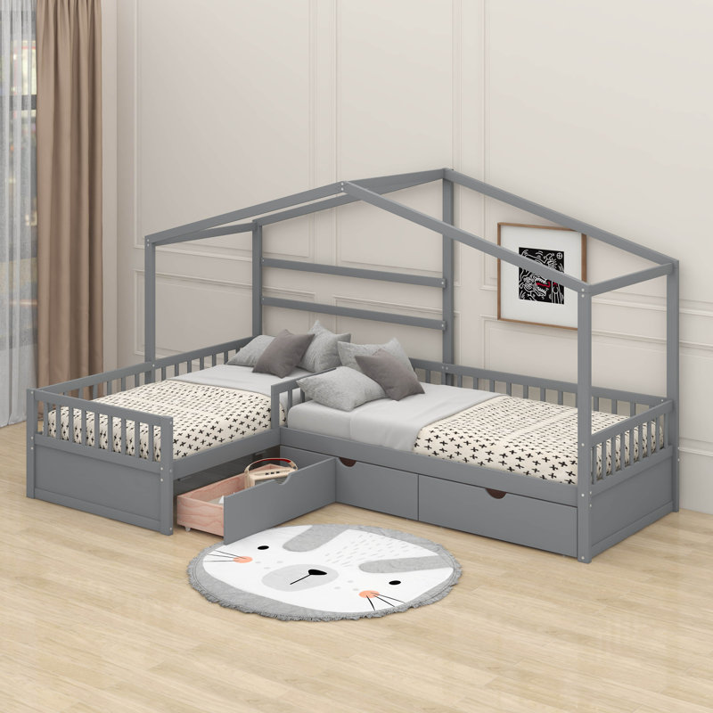 Lit plateforme simple avec trois tiroirs de rangement, Gris