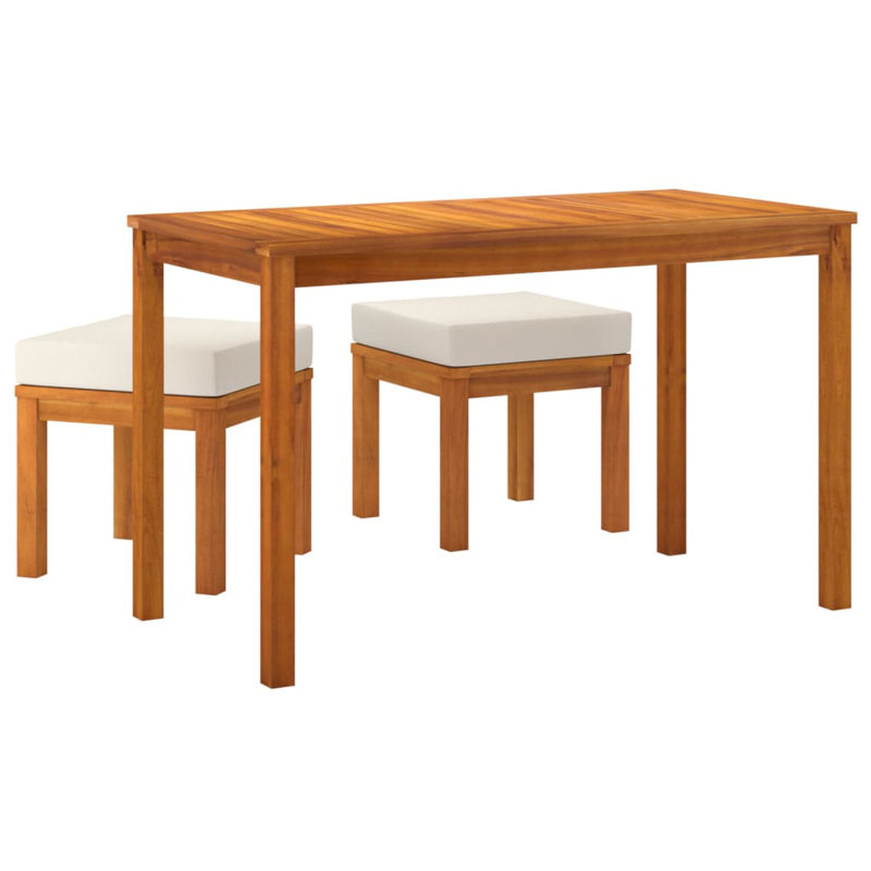 2 - Person Acacia Wood Patio Dining Set with Rectangular Table , Cushions Included, Cream