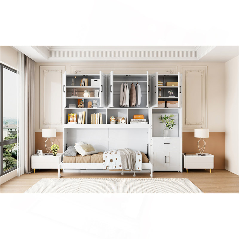 Lit escamotable mural simple avec placard, tiroirs et bureau - blanc