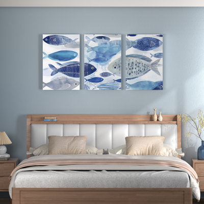Blue Fish Abstract Pattern Canvas Wrapped Wall Art, Modern Coastal Print (Set of 3)