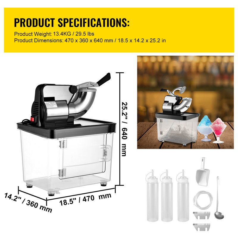 110V Commercial Ice Crusher 440LBS/H, ETL Approved 300W Electric Snow Cone Machine with Dual Blades, Stainless Steel Shaved Ice Machine with Safety On/Off Switch for Family, Restaurants, Bars