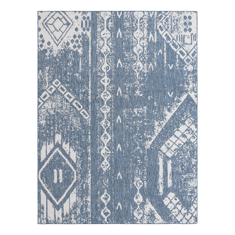 Bonnetta Geometric Machine Woven Polypropylene Indoor / Outdoor Area Rug in Blue/Ivory, Rectangle 9' x 12'