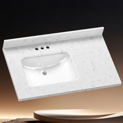 36 In. W X 22 In. D Engineered Stone Carrara White Rectangular Bath Vanity Top Countertop With Single Left Ceramic Sink And 4 In. H Backsplash