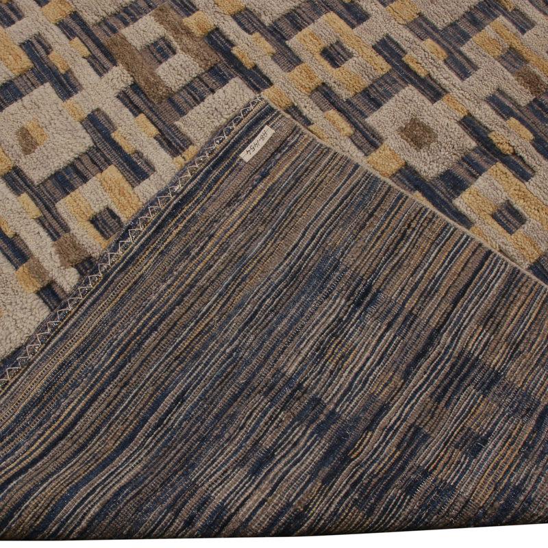 Rug & Kilim’S Scandinavian Inspired Gold Gray And Blue Wool Rug, Rectangle 5' x 8'