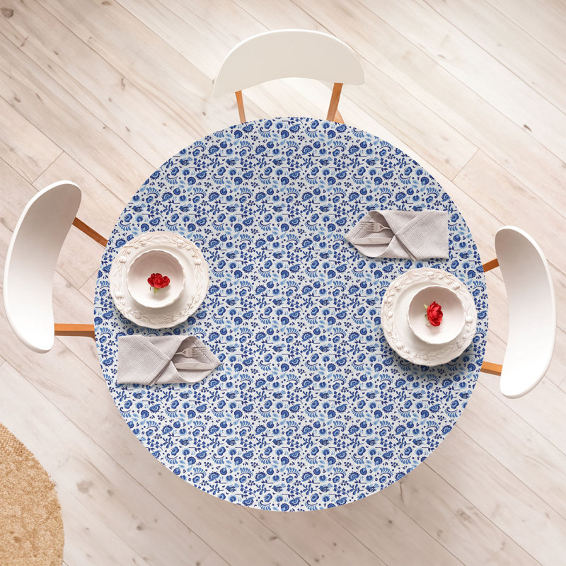 Reannan Flower Fitted Round Tablecloth White Pale Azure Blue