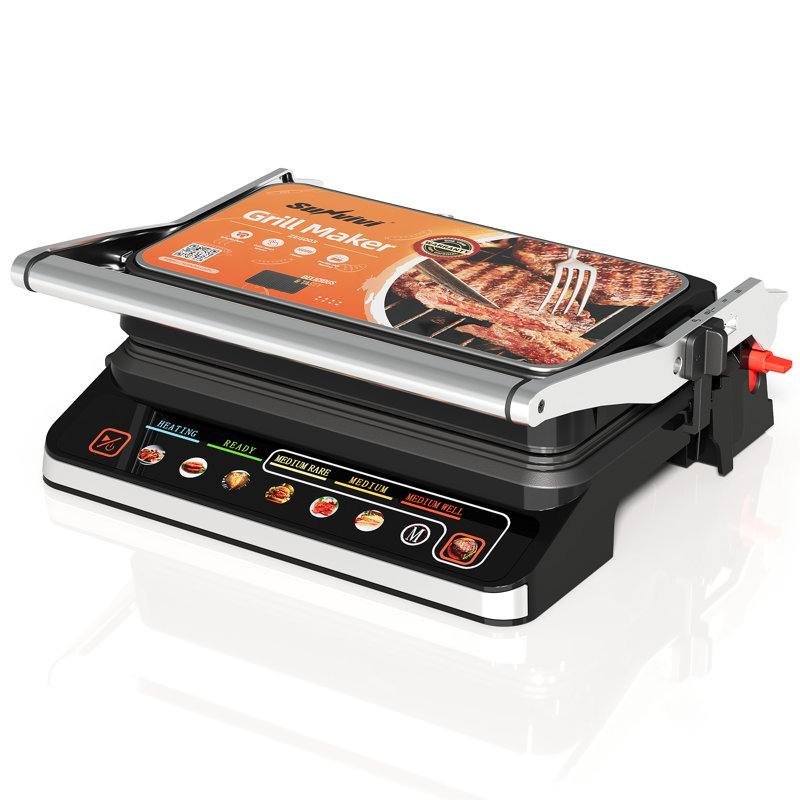 Barbecue d'intérieur 3 en 1, presse à panini et machine à sandwich, 1 600 W avec plaques antiadhésives en céramique amovibles, acier inoxydable