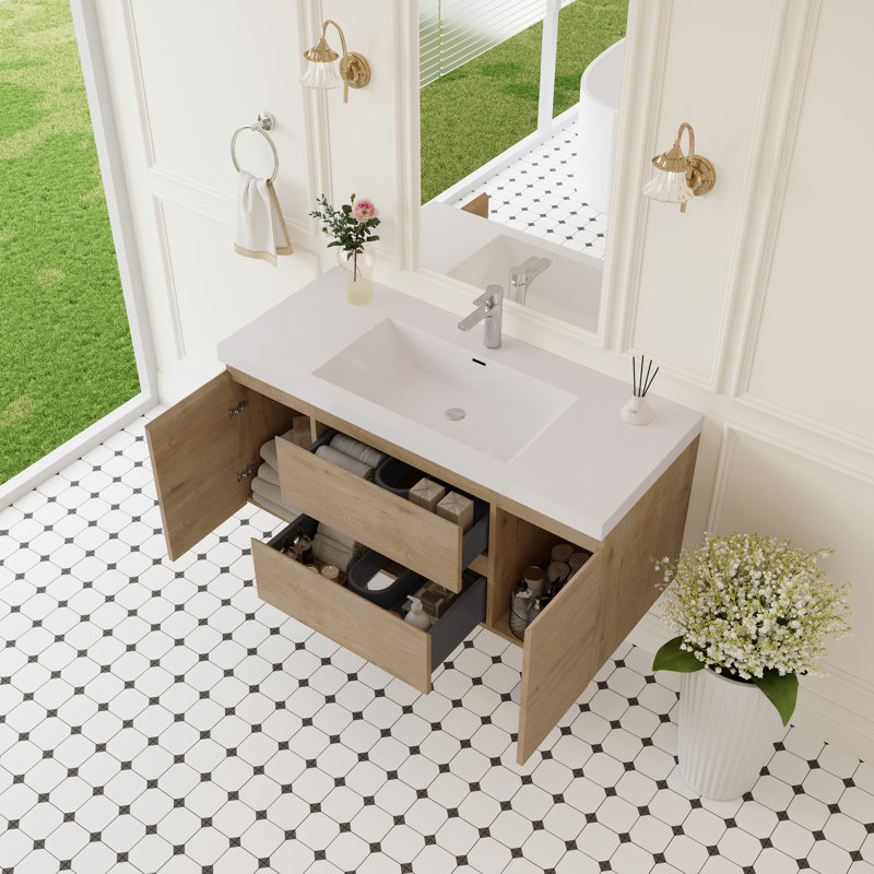 48" Floating Bathroom Vanity Modern Wall-Mounted Single Vanity with Integrated Resin Top, 2 Cabinets, 2 Soft Close Drawers, Full Assembly