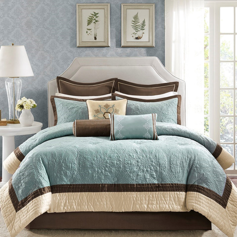 Couette de 9 pièces en charmeuse bleue pour lit king, avec oreillers élégants et taies décoratives (taille européenne).