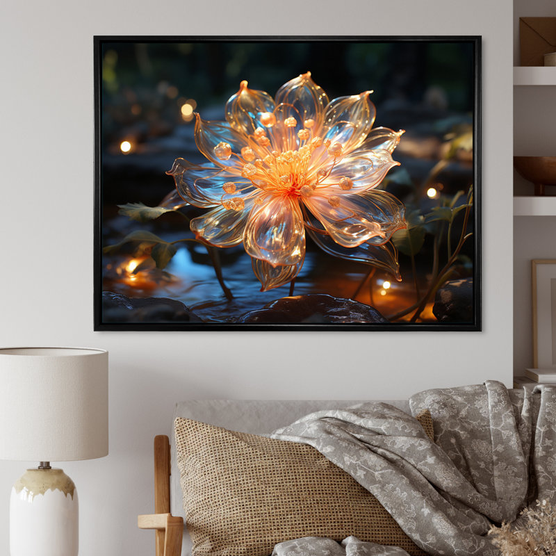 Fleurs de cristal pêche - impression, H 30 po x l 40 po x P 1,5 po, Cadre flottant noir
