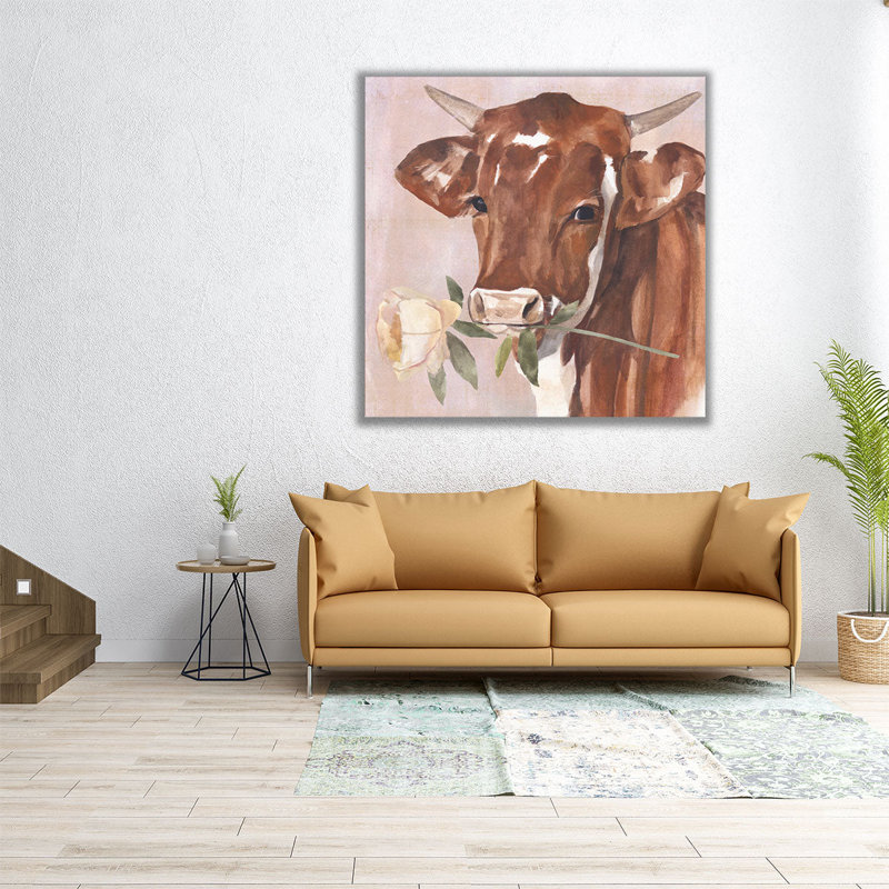 Peony Cow I - reproduction d'art sur toile, H 24 po x l 24 po