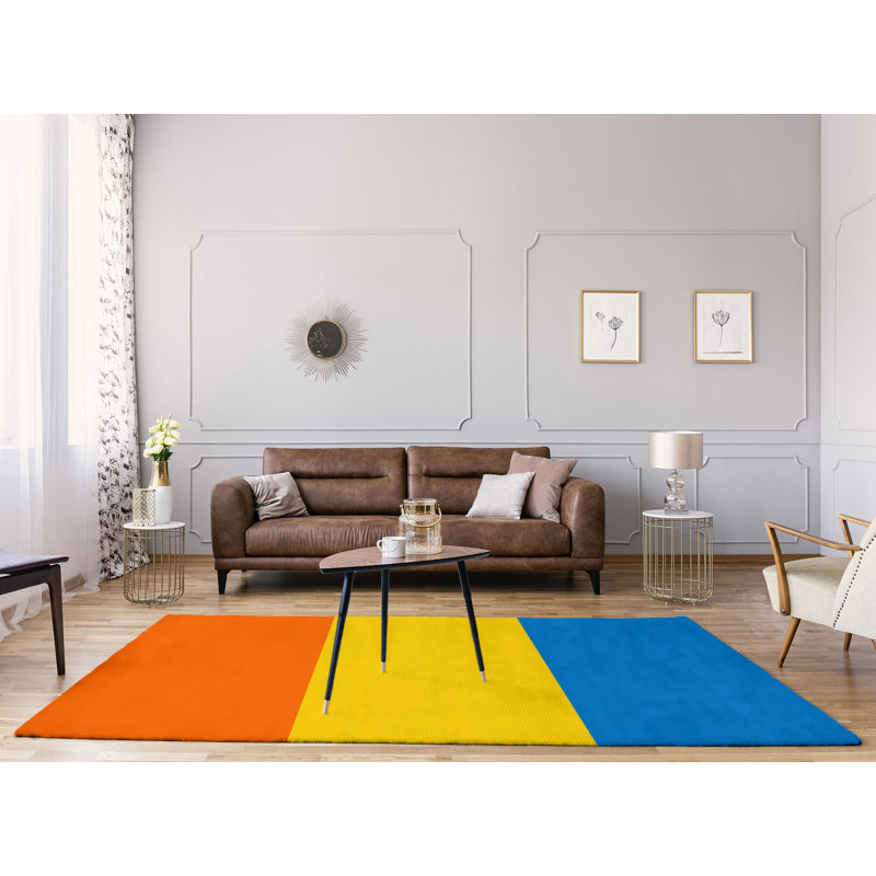 Tapis orange/jaune/bleu tissé à plat Miami, Rectangle 9 pi x 12 pi