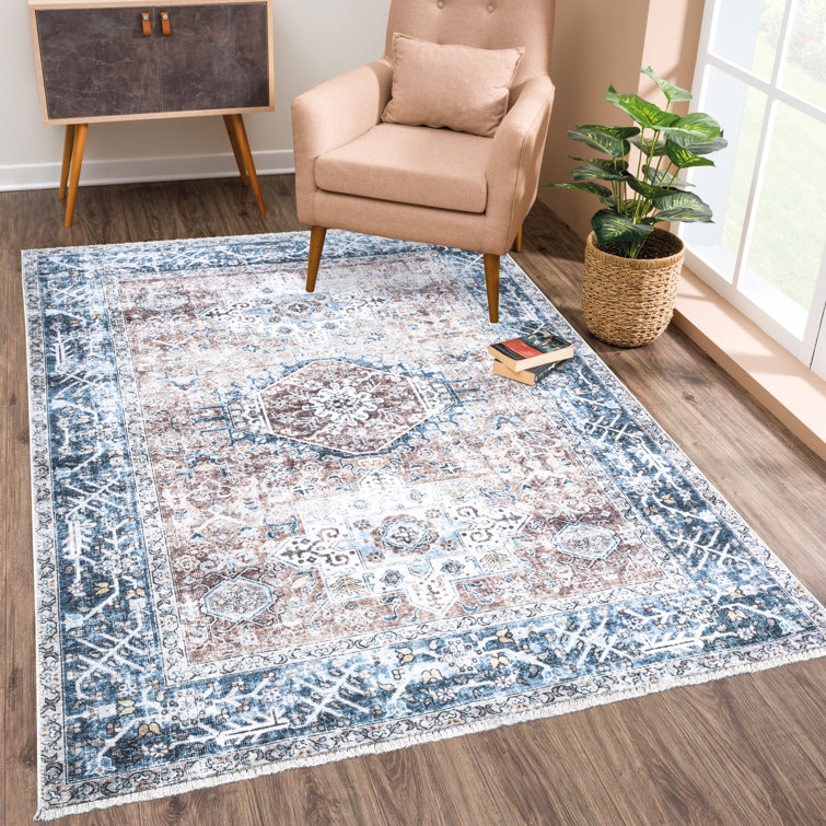 Tapis bleu / corail lavable antidérapant 