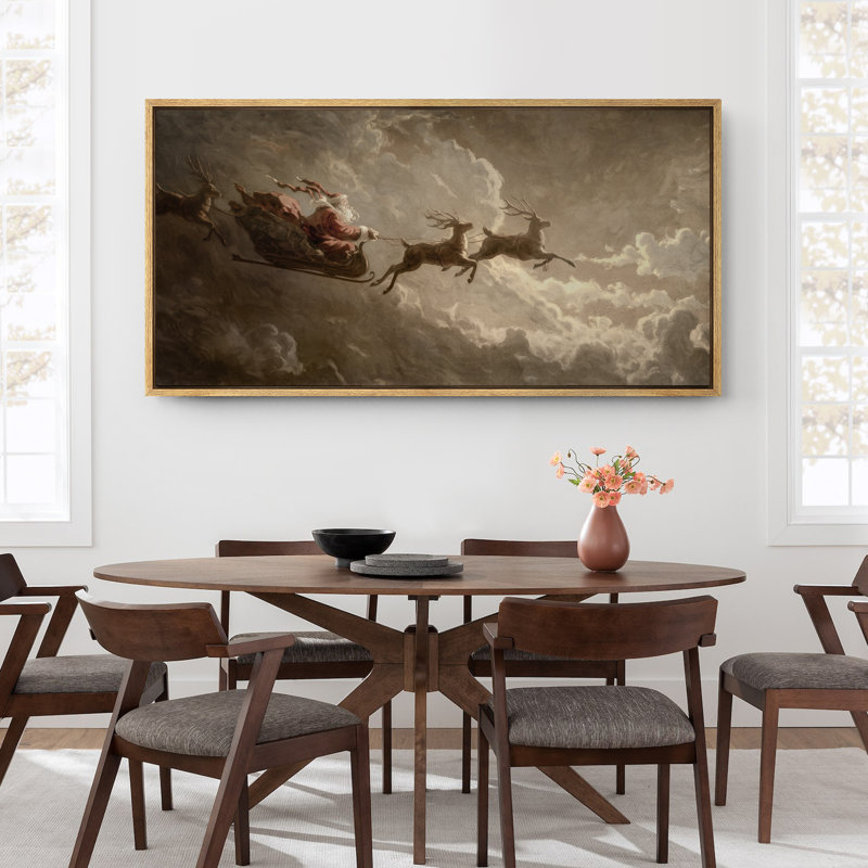 «Vintage Santa Sleigh Reindeer Christmas», art très grand, reproduction d'art sur toile encadrée, H 30 po x l 60 po, Naturel