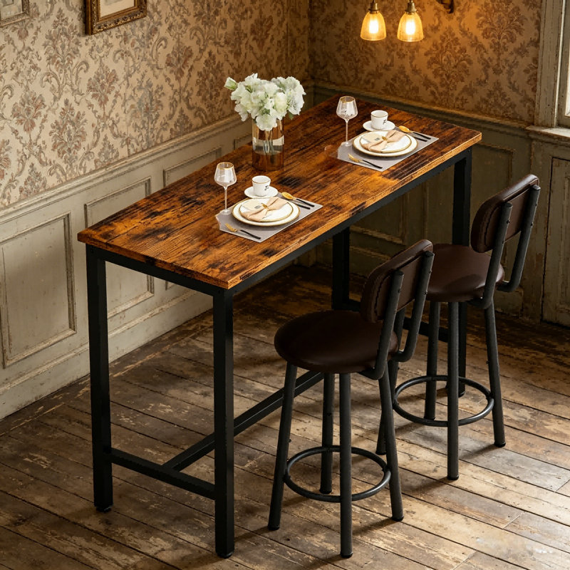 Industrial High Top Dining Set, Compact 3-Piece Pub Table With 2 Comfortable Stools, 2 Size & 4 Color Options For Studio & Cafe