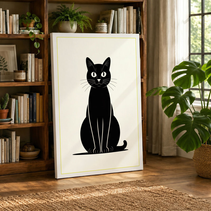 Black Cat Minimalist - Wrapped Canvas, 30x20 - 76.2 x 50.8 cm, Teal Border