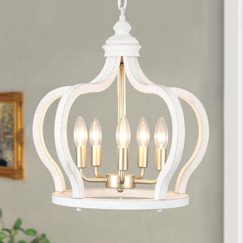  Andelain 5 - Light 17"W Dimmable Candle Style Geometric Chandelier with Distressed Wood Accents, Gold/White