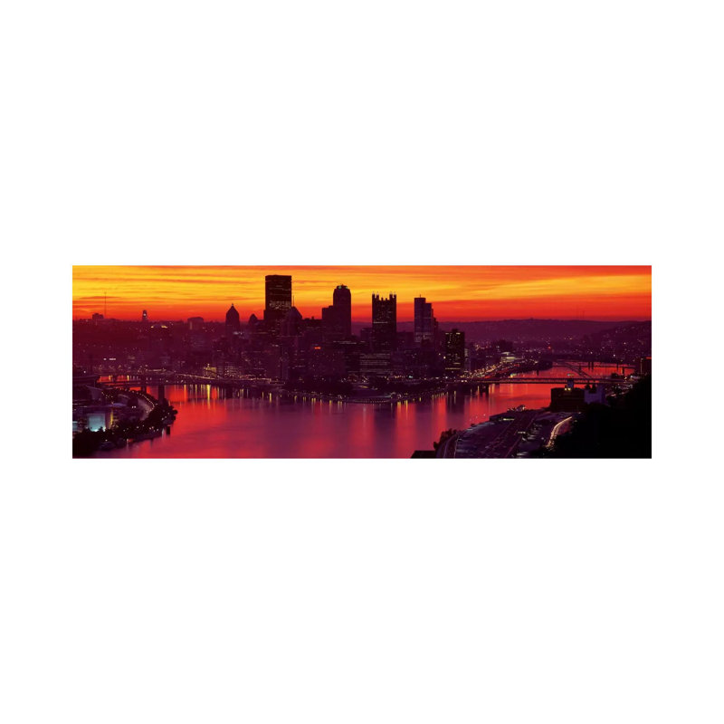 Silhouette of Buildings at Dawn, Three Rivers Stadium, Pittsburgh, Allegheny County, Pennsylvania, USA 1 Piece Wrapped Canvas Panoramic Wall Art