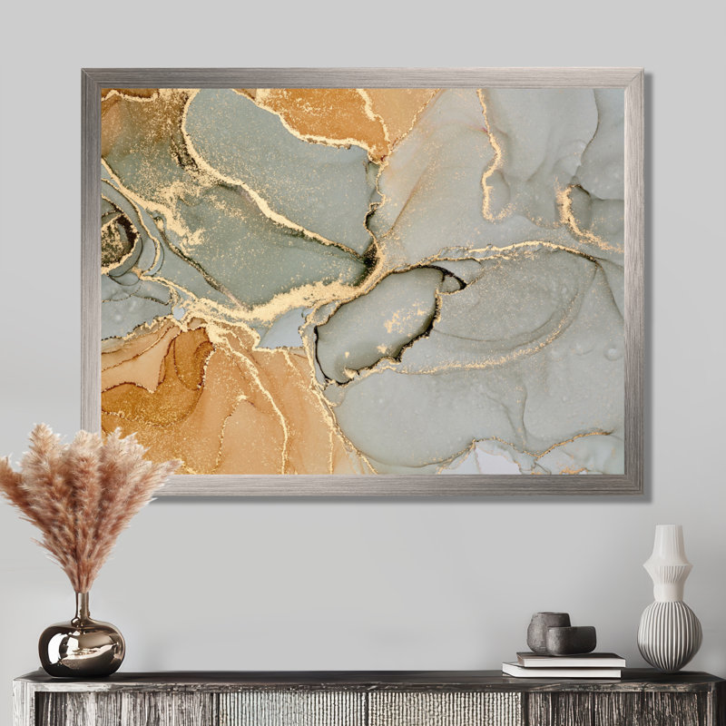 «Brown Luxury Abstract Fluid IV», peinture sur toile, Impression encadrée, H 30 po x l 40 po, Argent argent