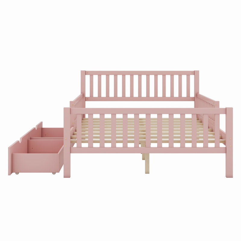 Wood Platform Bed With Guardrails On Both Sides And Drawers, Full, Pink