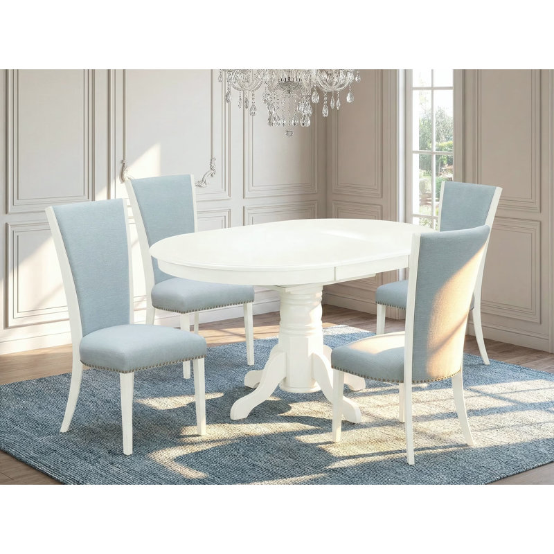5 Piece Dining Table Set Includes an Oval Kitchen Table with Butterfly Leaf and 4 Baby Blue Linen Fabric Parson Dining Chairs, Linen White