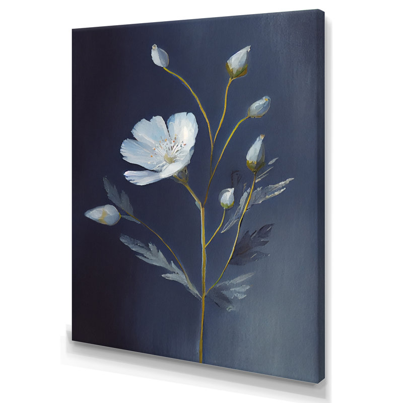 Simple fleur blanche sur fond bleu rétro I - reproduction sur toile, H 20 po x l 12 po x P 1 po, Toile tendue