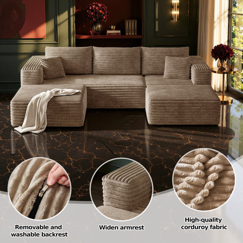 Canapé d'angle de 108 po sans dossier pour salon, canapé modulaire moderne Cloud avec assise profonde, canapé-lit rembourré avec 2 poufs, canapés pliants convertibles, aucun assemblage (camel)