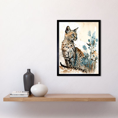 Savannah Cat And Wildflowers Modern Watercolour And Ink - Single Picture Frame Print