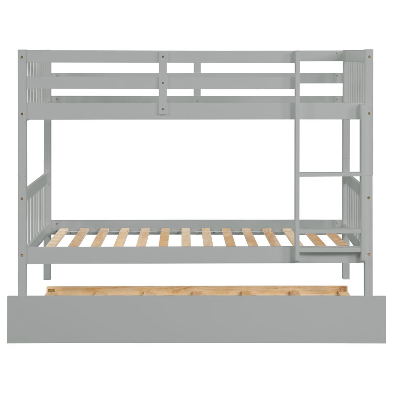 Lit simple superposé en bois d'hévéa simple avec lit gigogne, convertible en lit simple, lit superposé simple avec échelle et garde-corps de sécurité, gris
