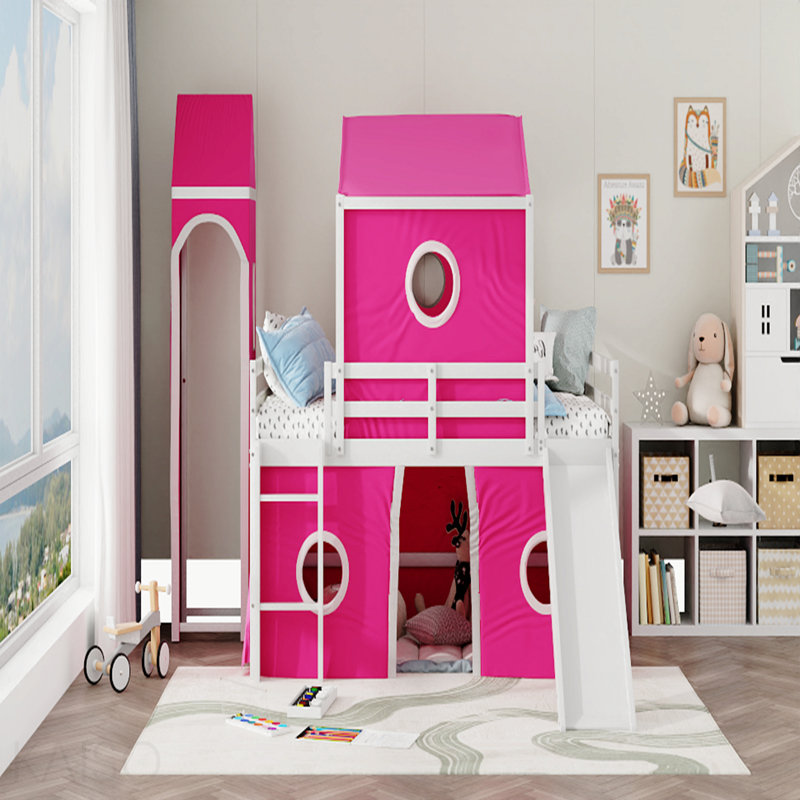 Lit mezzanine double avec tente et tour rose Slide - Rose