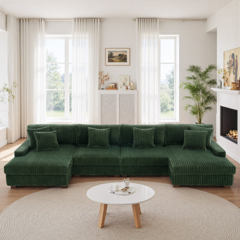 4 Seater Seating Component, Green Faux Fur