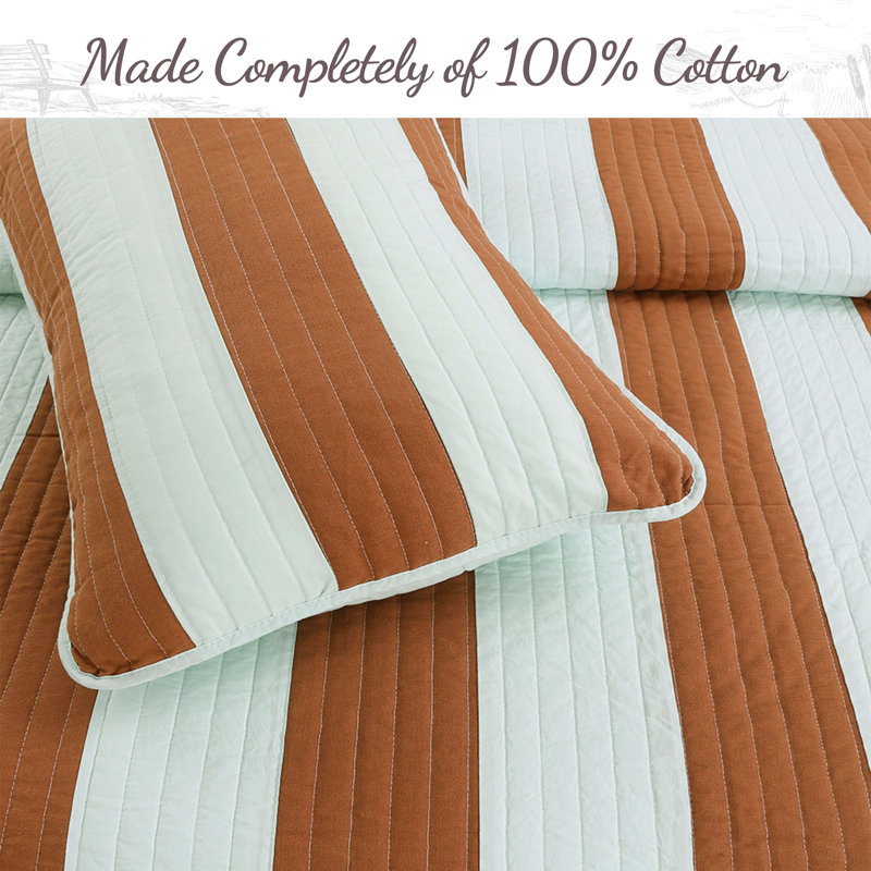 Brinley Cotton Striped Quilt, Queen Quilt + 2 Shams, Mint/Brown