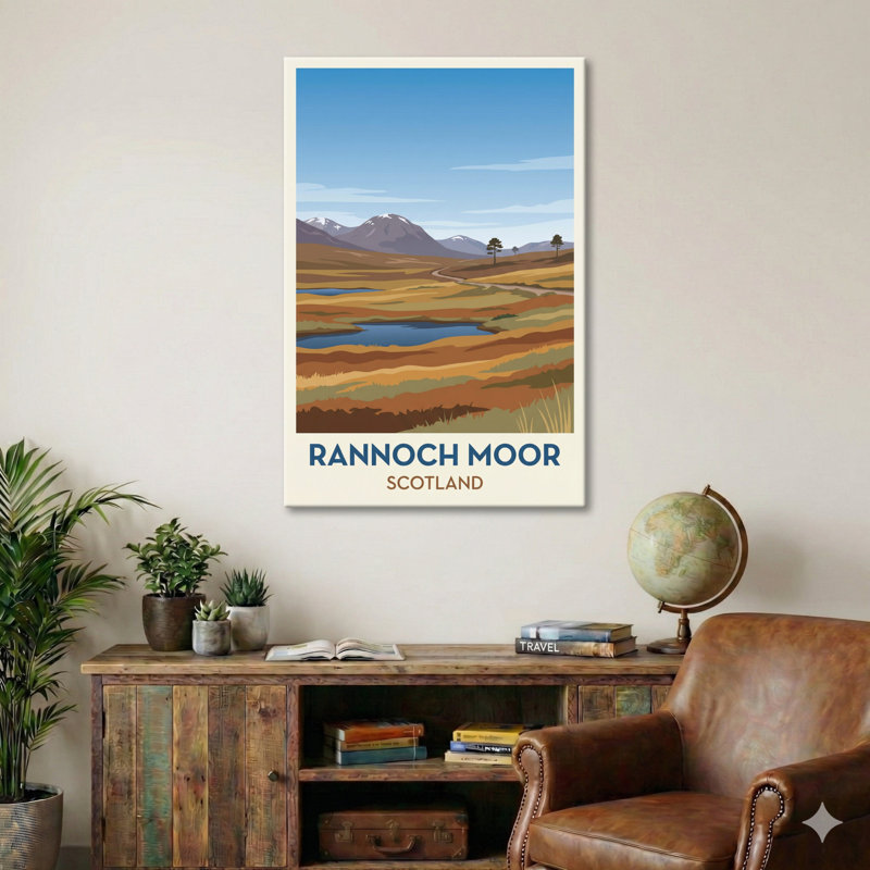 Rannoch Moor, Scotland - Romantic Highland Moorlands Travel Poster. Giclee Print on Wrapped Canvas. Wall Art, Home Decor - Regions & Scenic Areas, Scotland 1 Piece Wrapped Canvas Wall Art