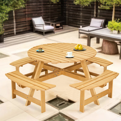 Table de pique-nique pour 8 personnes avec 4 bancs intégrés. Trou de parasol, bancs de jardin, pour la terrasse, le jardin - trou pour les espaces extérieurs