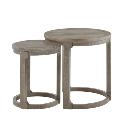 Ensemble de 2 tables basses rondes traditionnelles incurvées en bois de 61 cm (24 pouces), style rustique mi-siècle, idéales pour le salon, le bureau ou un appartement, couleur brun clair.