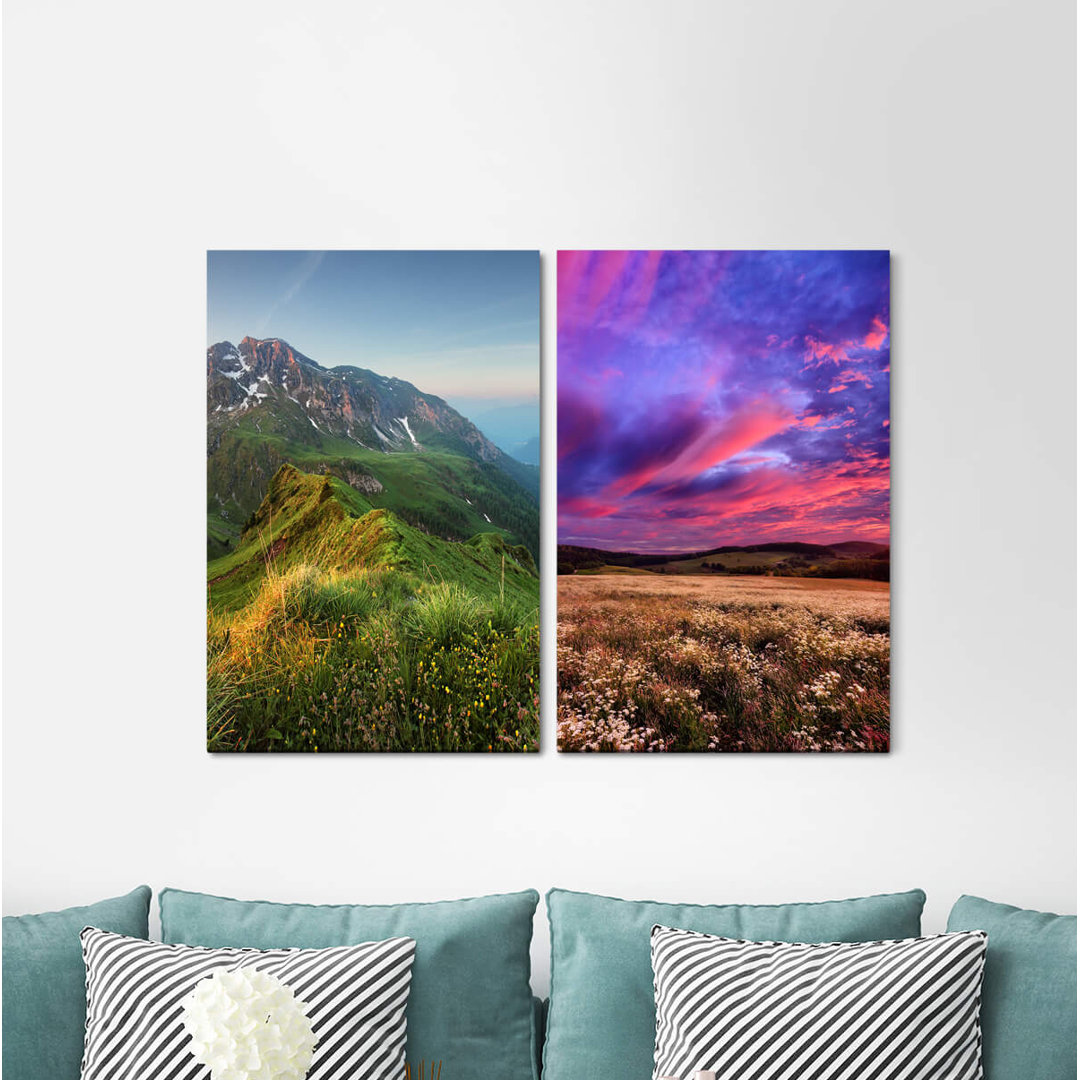 2-tlg. Leinwandbilder-Set - Fotografie „Mountain Meadow Pink Clouds Summer Grass Nature Dreamlike”