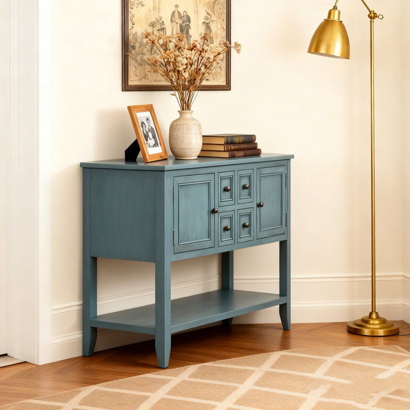 Console de rangement rétro avec quatre petits tiroirs et une tablette inférieure, Bleu très foncé, Bleu très foncé