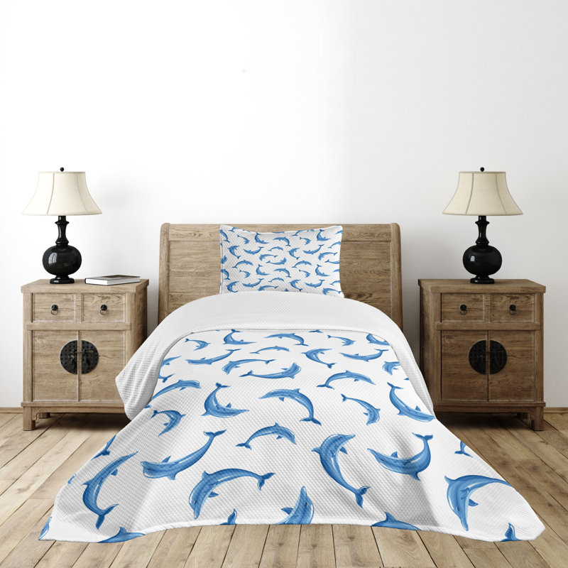 Twin White and Blue Dolphin Quilted Bedspread Set