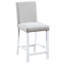 Ensemble table et chaises de salle à manger blanches, hauteur du comptoir, forme carrée avec broderie de cristal. Structure en bois massif. Quatre chaises blanches rembourrées.