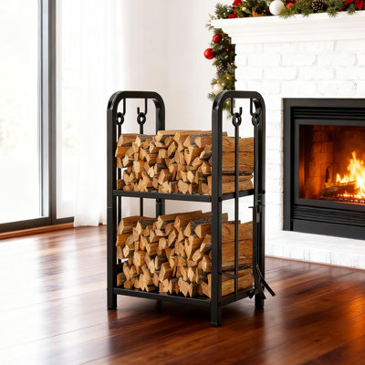 Ensemble de support à bois robuste à 2 niveaux avec outils de foyer 4 pièces - Porte-bûches intérieur / extérieur noir pour foyer, foyer et poêle à bois