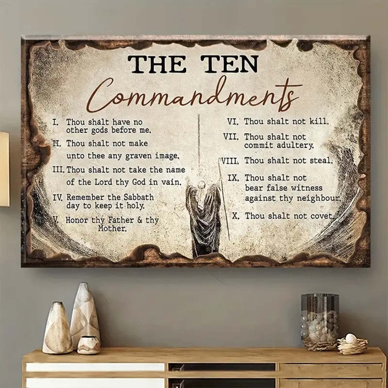 40*60 1pc Decorative Patterns On Office Supplies Retro Canvas Walls Jesus Painting Wooden Background The Ten Commandments Wall Art Canvas Motivational Wall Decor - Ready to Hang - For Home & Office Decor.