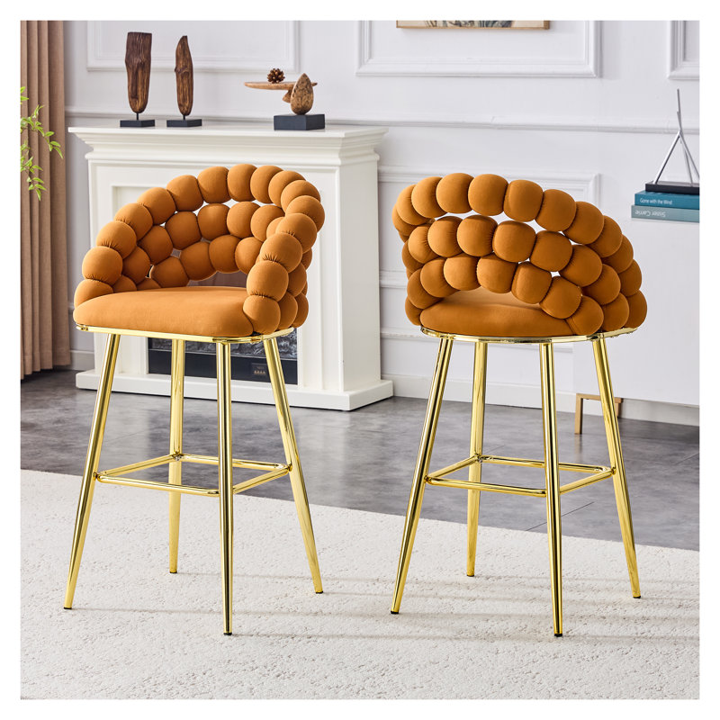 Ensemble de 2 tabourets de bar modernes en velours orange avec pieds dorés et chaises capitonnées à motif de chaîne à bulles pour îlot de cuisine et bar pour la maison