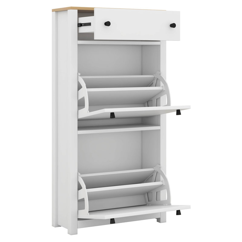 Armoire à chaussures étroite avec 2 tiroirs rabattables, étagère à chaussures mince à motif de grain de bois pour le vestibule, panneau réglable pour le couloir