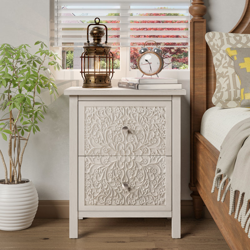 Levera Farmhouse Fully-Assembled 2-Drawer Nightstand, Distressed White-Washed End Table