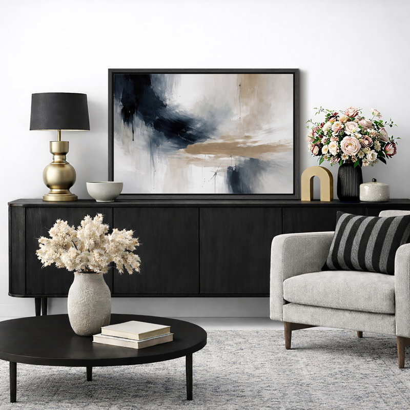 Abstrait bleu beige fluide, œuvre d'art moderne, images de salon moderne, impression sur toile encadrée, Cadre noir