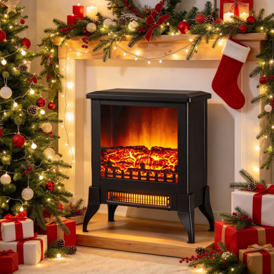 Poêle électrique avec foyer, chauffage autonome 1400W avec thermostat et flammes réalistes, noir