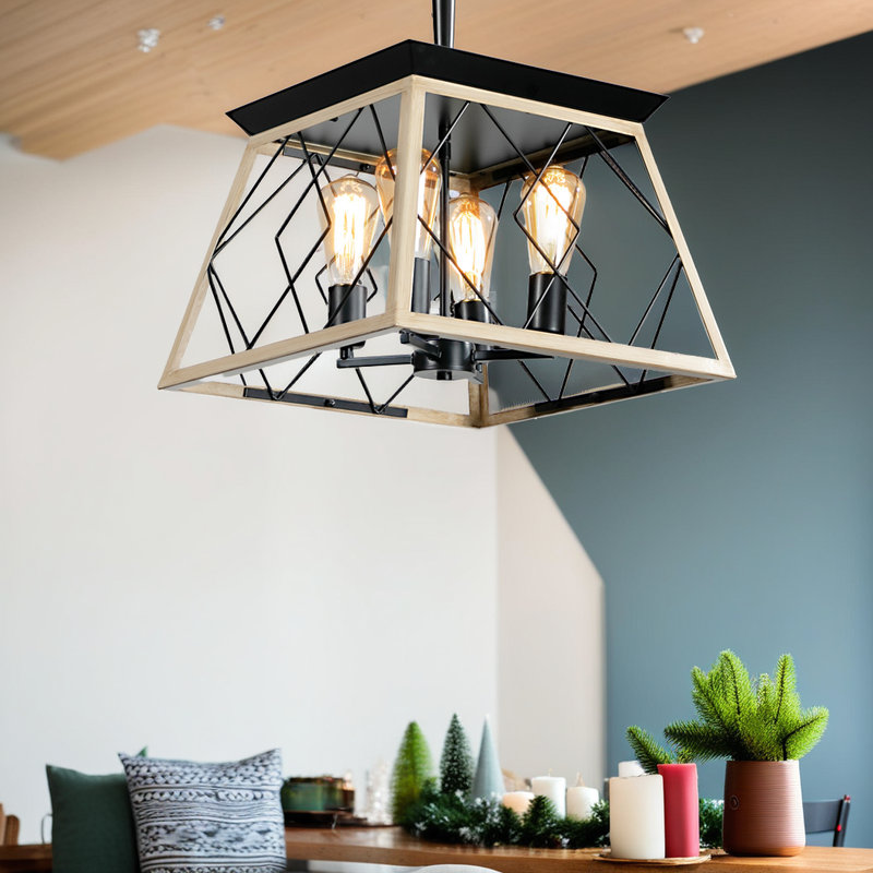 Luminaire suspendu style lustre 4 lumières de style campagnard en acier rustique pour salle à manger et cuisine, Gris